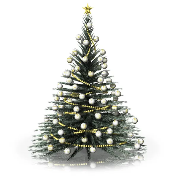Julen Grön Gran Dekorerad Silver Isolerad Vit Bakgrund — Stockfoto