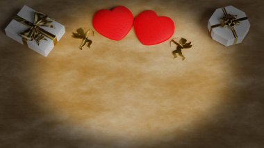 Üç boyutlu illüstrasyon. Sevgililer Günü. Aşk şöleninde kalplerle, dileklerle ve hediyelerle