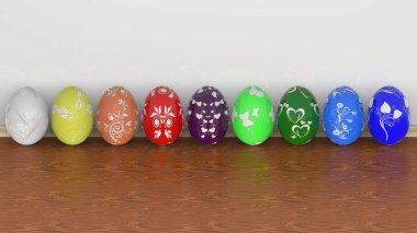 Üç boyutlu illüstrasyon. Dizi süslenmiş Paskalya yumurtası. Beyaz arkaplanda çeşitli renklerde yumurtalar.