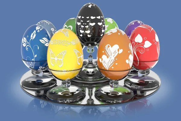 系列装饰复活节彩蛋 蓝色背景上的带玻璃支架的鸡蛋 — 图库照片