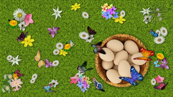 3D例证 复活节 一筐蛋 上面有青草和蝴蝶 背景是天空和树木 雏菊和花朵染绿了草坪 — 图库照片