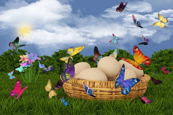 Ilustração Primavera Verão Páscoa Cesta Ovos Com Grama Borboletas Céu — Fotografia de Stock