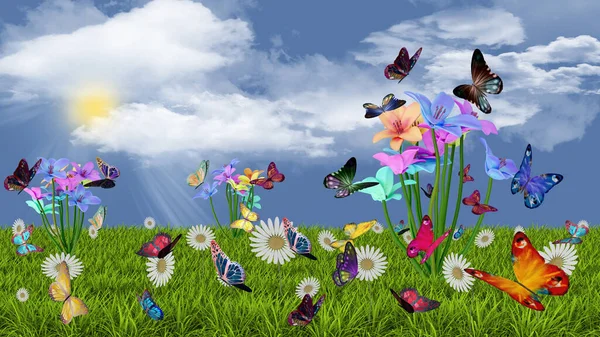 3d illustration. Spring Summer. Flowers and butterflies on green lawn. Grass field with colorful flowers and butterflies, in the sky background with clouds and sun