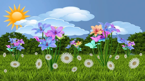 Иллюстрация Весна Саммер Цветы Цветы Зеленом Лугу Небом Солнцем Облаками — стоковое фото