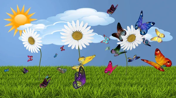 Illustratie Voorjaarszomer Bloemen Vlinders Groen Gazon Grasveld Met Kleurrijke Bloemen — Stockfoto
