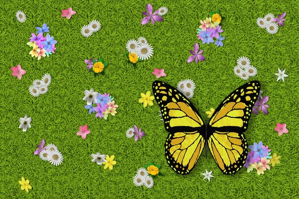 Ілюстрація Весняне Літо Квіти Метелики Зеленій Текстурі Трави Тло Трав — стокове фото