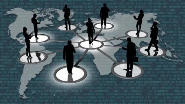 Sinema. Üç boyutlu illüstrasyon. Dijital dünya geçmişi. Sıfırın dizisi ve insanlar, sosyal ağlar ve infotmatik cihazlar arasındaki küresel bağlantı kavramı 