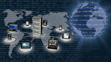 Üç boyutlu illüstrasyon. Dijital dünya geçmişi. Sıfırın dizisi ve insanlar, sosyal ağlar ve infotmatik cihazlar arasındaki küresel bağlantı kavramı 