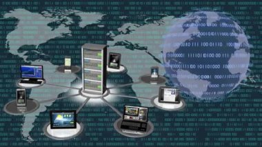Sinema. Üç boyutlu illüstrasyon. Dijital dünya geçmişi. Sıfırın dizisi ve insanlar, sosyal ağlar ve infotmatik cihazlar arasındaki küresel bağlantı kavramı 