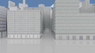 Movie. 3d illustration. Approaching to modern city on background of sky, clouds, sun and path between its streets between houses, buildings and skyscrapers.