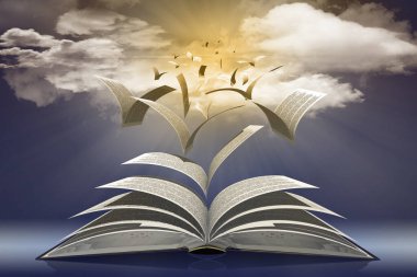 Sonsuz mavi gökyüzünde güneş uçan kitap sayfaları.