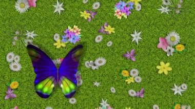 Sinema. Üç boyutlu illüstrasyon. Bahar Yazı. Yeşil çimen dokusunda çiçekler ve kelebekler. Renkli çiçekler ve kelebeklerle otlak arka planı.