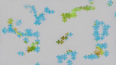 Movie. 3d illustration. Elements of the Puzzle make up the world map. The flat geographical map of our planet is progressively formed until completion.