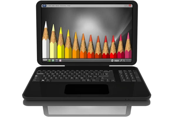 打开黑色的笔记本电脑 屏幕上彩色铅笔 — 图库照片
