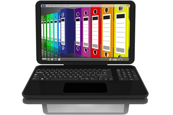 打开的黑色笔记本电脑 在屏幕文件夹和办公室用活页夹上 — 图库照片