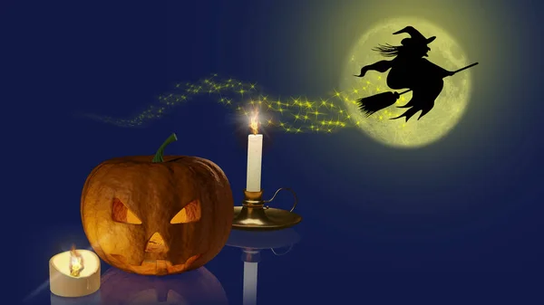 3Dイラスト ハロウィンだ 魔女は夜に飛ぶ 10月 11月 — ストック写真