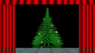 Sinema. 3 boyutlu illüstrasyon. Noel zamanı. Kırmızı perde açılır ve süslenmiş ve aydınlatılmış Noel ağacını görür..