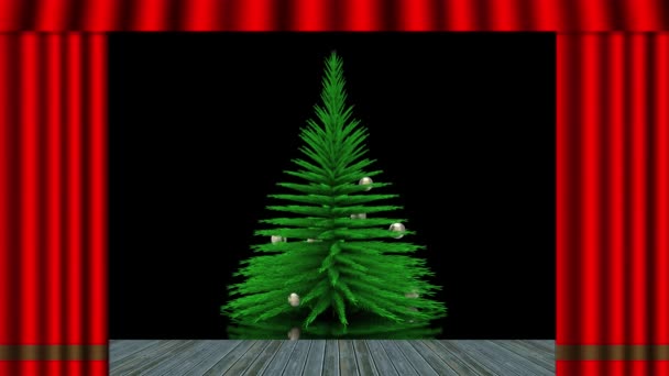 Filme Ilustração Natal Cortina Vermelha Abre Descobre Árvore Natal Decorada — Vídeo de Stock