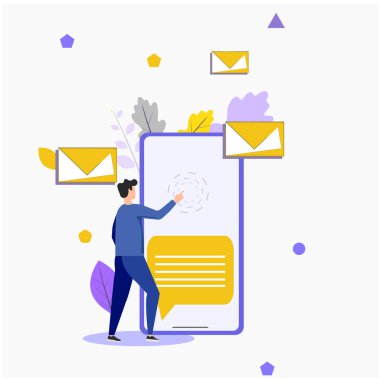 Mutlu adam önemli bir mektup almış. İş adamı ya da yönetici ve elinde bir zarf var. Modern vektör illüstrasyonu. Bölüm 10