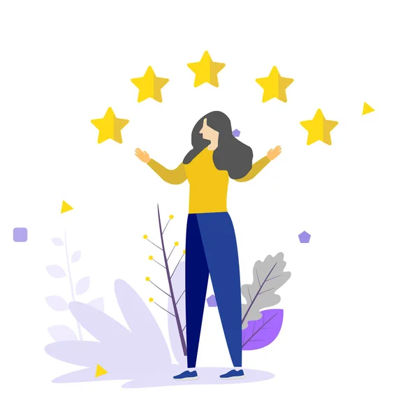 Bizi 5 yıldızlı tüketici değerlendirmesi için değerlendirin. Tek başına ayakta duran, elinde bir konuşma balonu tutan gülümseyen adamın düz vektör çizimi ve sonuç olarak beş yıldıza işaret ediyor. Kullanıcı derecesi veya geribildirim