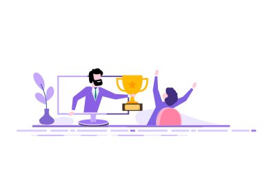 Yakışıklı iş adamı monitörden mutlu bir ofis çalışanına altın kupa uzatıyor. Online yarışmada ödül. Modern vektör illüstrasyonu. eps10