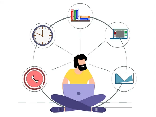 Ofiste bilgisayarın başında oturan ve aynı zamanda birçok iş yapan bir iş adamı. Serbest çalışan biri. eps10