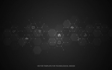 Düz simgeler ve sembollerle donatılmış teknolojik arka plan. Şeylerin internet kavramı ve fikri, iletişim, ağ, yenilik teknolojisi, sistem entegrasyonu. Vektör illüstrasyonu