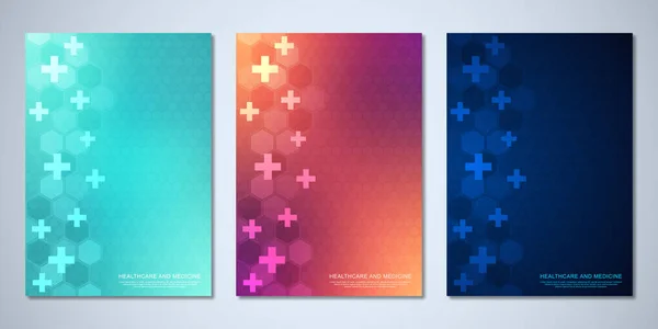 Template brochure or cover book, page layout, flyer design with hexagons pattern, and crosses. Concept and idea for health care business, innovation medicine, pharmacy, technology. — Vetor de Stock