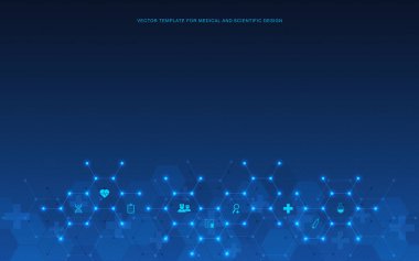 Düz simgeler ve sembollerle sağlık ve teknoloji konseptinin vektör çizimi. Sağlık sektörü için şablon tasarımı, yenilikçi tıp, ilaç endüstrisi, bilim, tıbbi araştırma.