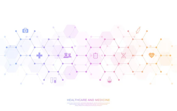 Latar belakang medis dan teknologi kesehatan dengan ikon dan simbol datar. Desain templat konsep dan ide untuk bisnis perawatan kesehatan, obat inovasi, keamanan kesehatan, ilmu pengetahuan. Ilustrasi vektor - Stok Vektor