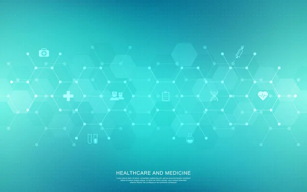 Orvosi háttér és egészségügyi technológia lapos ikonok és szimbólumok. Az egészségügyi üzletág, az innovációs orvostudomány, az egészségbiztonság, a tudomány, az orvosi kutatás és fejlesztés koncepciója és ötlete. — Stock Vector