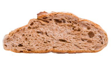 A piece of dark rye whole grain wholesome bread isolated on a white background. Healthy food.