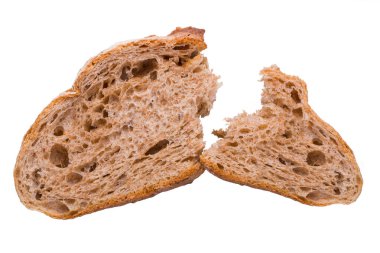 Broken piece of dark rye whole grain wholesome bread isolated on white background. Healthy food.
