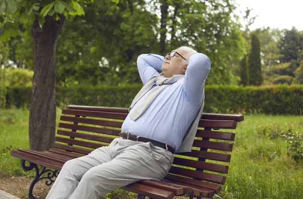 Portrait of a happy relaxed senior man sitting on a bench in a green summer park — Stockfoto