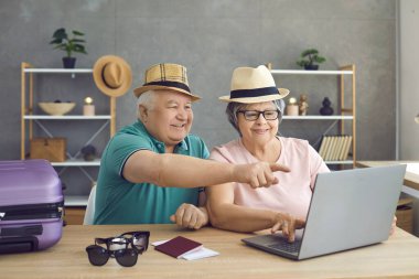 Biletleri ödemek ve internetten oda ayırtmak için dizüstü bilgisayar kullanan mutlu bir çift..
