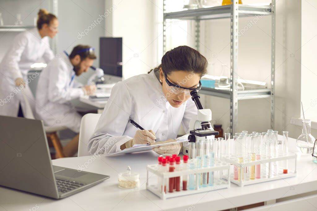 Focused woman sits at a table in the laboratory and examines the cells under a microscope.