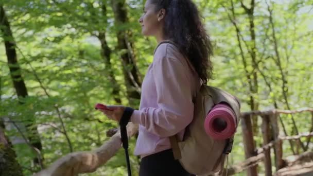 女徒步旅行者带着背包在夏天欣赏森林的自然气息 — 图库视频影像
