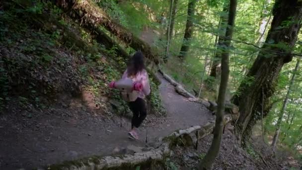 Aventuroso mochileiro ter uma viagem de caminhada solitária na madeira — Vídeo de Stock