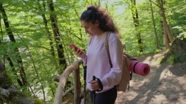 Пішохід з телефоном у лісі — стокове відео