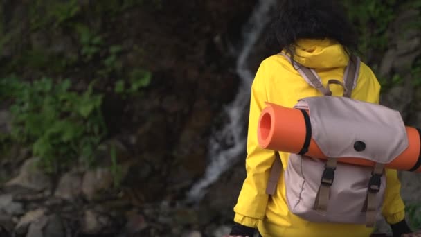 Descanso calmo na floresta no fim de semana de verão, mulher turista com mochila está admirando cachoeira — Vídeo de Stock