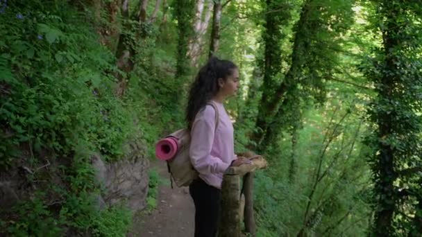 Lány túrázó a hegyvidéki erdőben — Stock videók