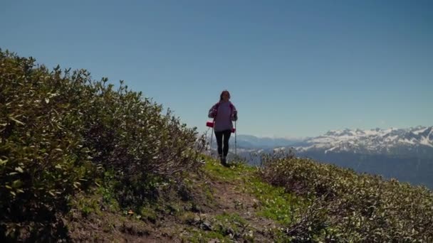 Жінка-похід на зеленому схилі пагорба — стокове відео