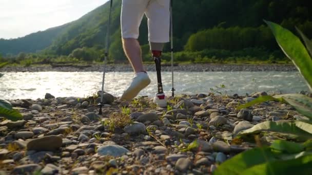 人生を楽しむ障害者は自然界を旅しています — ストック動画