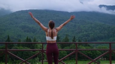 enjoying and admiring beautiful nature in mountains in summer, rear view of woman with lifted hands