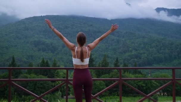 Απολαμβάνοντας και θαυμάζοντας την όμορφη φύση στα βουνά το καλοκαίρι, πίσω όψη της γυναίκας με ανυψωμένα χέρια — Αρχείο Βίντεο