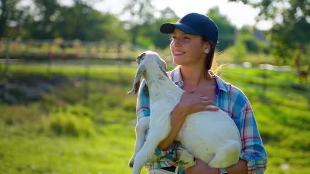Country girl with young goat — Video Stock
