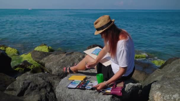 Female painter painting sailing yachts sitting on sea rocks — Stock Video