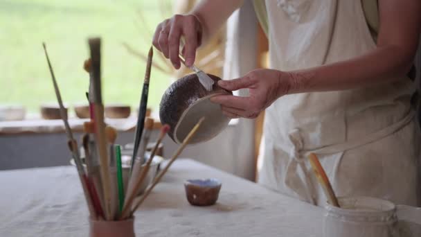 Artist is varnishing new ceramic pot in working studio, tutorial for beginner potter — Stock Video