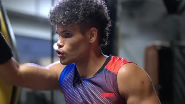 Slow Motion Shot Young Hispanic Sportsman Boxing Punching Balls Training — Stock Video