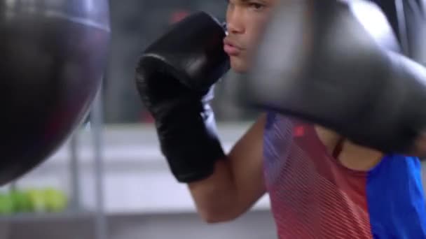 体操のパンチング袋で彼の打撃を働かせるヒスパニック系の男性ボクサーの遅い動きのショット プロボクシングトレーニング — ストック動画